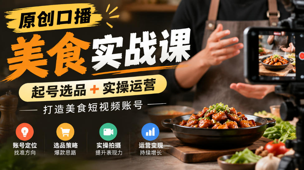原创口播美食实战课,起号选品+实操运营,打造美食短视频账号-鼎铸网