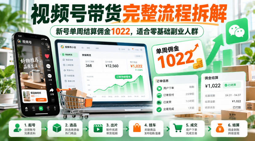 d08d3fed1123ee6b636ab65388c48877.jpeg 视频号带货完整流程拆解,新号单周结算佣金1022,适合零基础副业人群