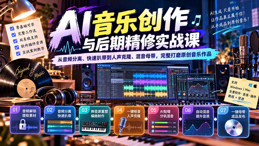 AI音乐创作与后期精修实战课：从音频分离、快速扒带到人声克隆、混音母带，完整打磨原创音乐作品-鼎铸网