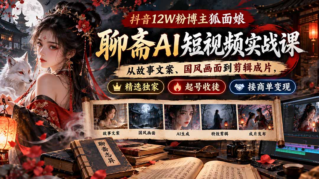 d18da3c4dce84d3654799709238f3d83.jpeg 抖音12W粉博主狐面娘-聊斋AI短视频实战课:从故事文案、国风画面到剪辑成片,精选独家+起号收徒+接商单变现