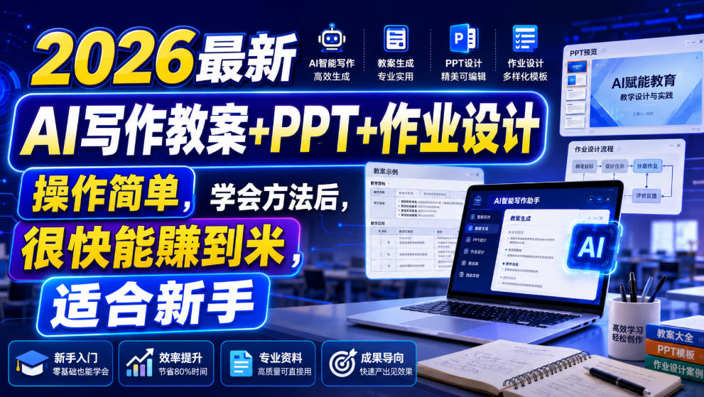 d1ac535ea81366f5cc60afa3837e5ad1.jpeg 2026最新AI写作教案+PPT+作业设计,操作简单,学会方法后,很快能賺到米,适合新手
