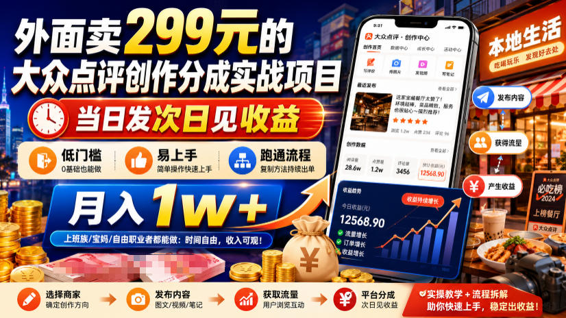 d1e8ad57d6e2dbc49d2ea9d3dab0687f.jpeg 外面卖299元的大众点评创作分成实战项目,当日发次日见收益,低门槛易上手,跑通流程月入1w+