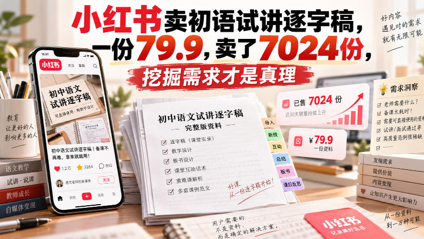 d2109a57ec5e5e1c31e54bc5379e8c24.jpeg 小红书卖初语试讲逐字稿,一份79.9,卖了7024份,挖掘需求才是真理