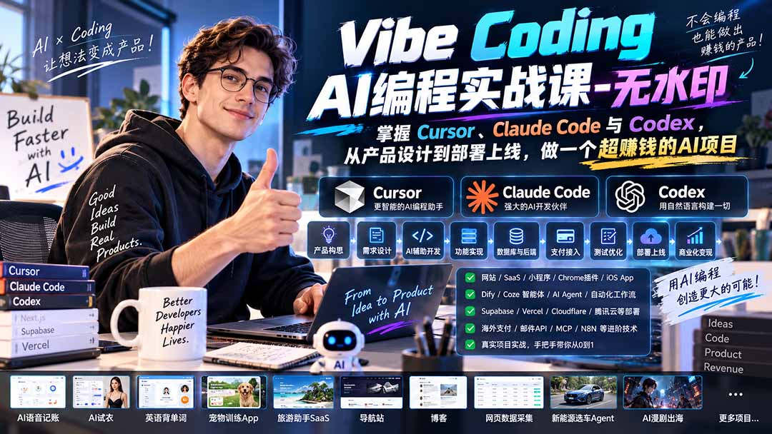 Vibe Coding AI编程实战课-无水印：掌握Cursor、Claude Code与Codex，从产品设计到部署上线，做一个超赚钱的AI项目-鼎铸网