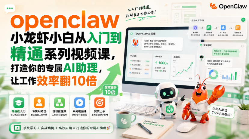 openclaw小龙虾小白从入门到精通系列视频课，打造你的专属AI助理，让工作效率翻10倍-鼎铸网