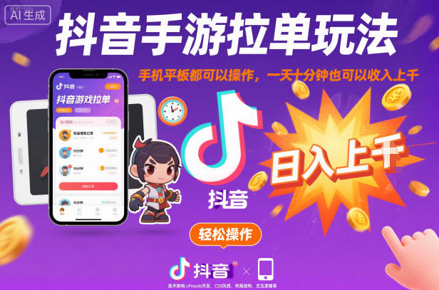 抖音手游拉单玩法，手机平板都可以操作，一天十分钟也可以收入上K【揭秘】-鼎铸网