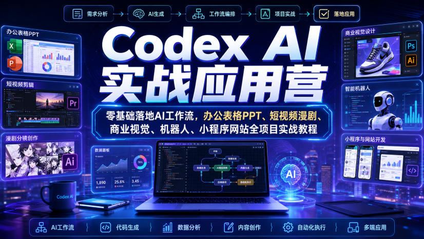 d3dbfbde2fade437f3ef25c39c58a726.jpeg Codex AI实战应用营|零基础落地AI工作流,办公表格PPT、短视频漫剧、商业视觉、机器人、小程序网站全项目实战教程