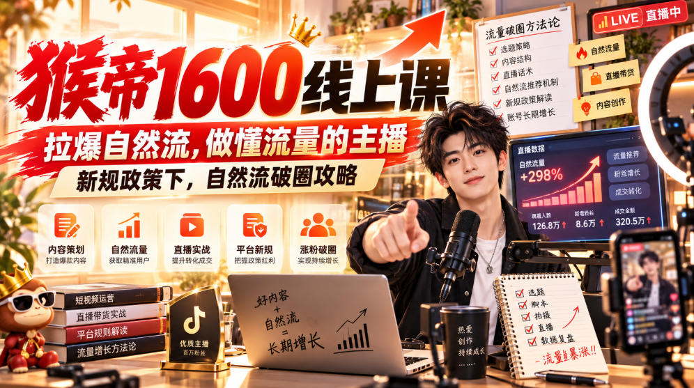 猴帝1600线上课,拉爆自然流,做懂流量的主播,新规政策下,自然流破圈攻略【更新261002】-鼎铸网