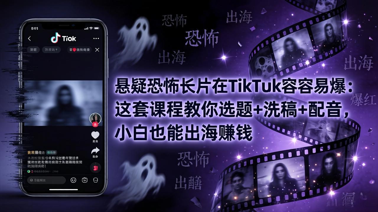 悬疑恐怖长片在TikTok最容易爆:这套课程教你选题+洗稿+配音,小白也能出海赚钱-鼎铸网