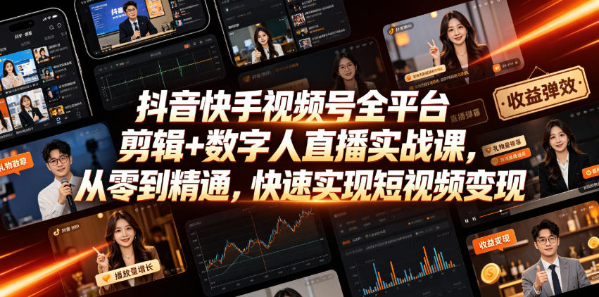 d4df16c94fde3c94522e1c26b618a8a2.jpeg 抖音快手视频号全平台剪辑+数字人直播实战课,从零到精通,快速实现短视频变现(更新2026年6月)
