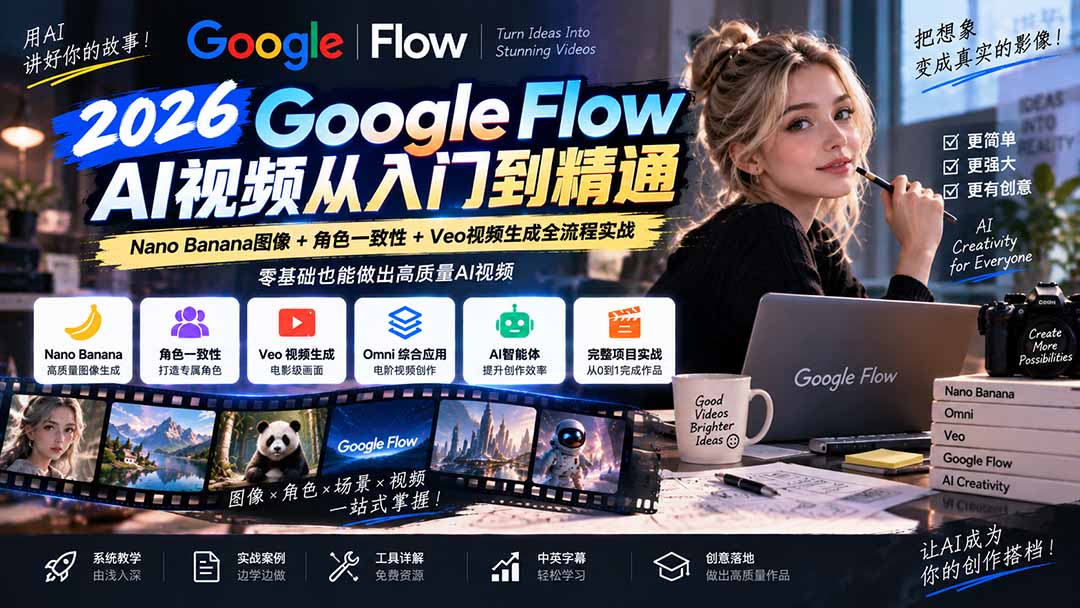 d513fd57f6a9e3a9aca078b371581fdb.jpeg 【无水印】Google Flow AI视频从入门到精通:Nano Banana图像+角色一致性+Veo视频生成全流程实战-精翻中英字幕