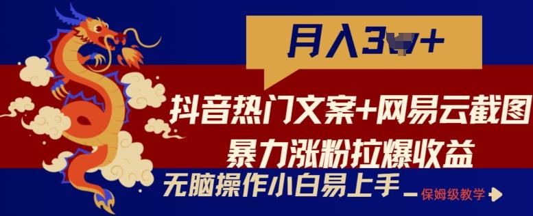 d529770ccb6347786388ad9348e98417.jpeg 抖音热门文案+网易云截图暴力涨粉拉爆收益玩法,小白无脑操作,简单易上手【揭秘】