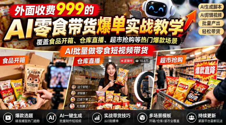 d53573369607eed1ea19d8318fe22546.jpeg 外面收费999的AI零食带货爆单实战教学,覆盖食品开箱、仓库直播、超市抢购等热门爆款场景,AI批量做零食短视频带货