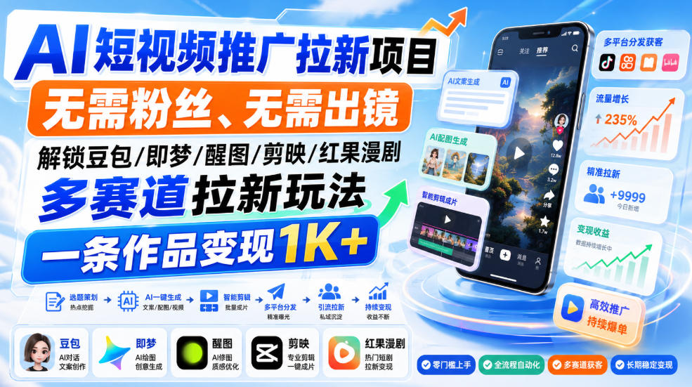 AI短视频推广拉新项目，无需粉丝、无需出镜，解锁豆包/即梦/醒图/剪映/红果漫剧多赛道拉新玩法，一条作品变现1K+-鼎铸网