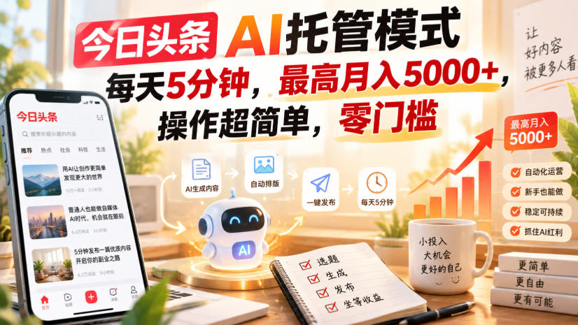 今日头条AI托管模式，每天5分钟，最高月入5000+，操作超简单，零门槛【揭秘】-鼎铸网
