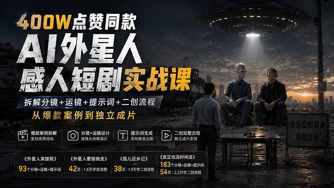 400W点赞同款AI外星人感人短剧实战课：拆解分镜+运镜+提示词+二创流程，从爆款案例到独立成片