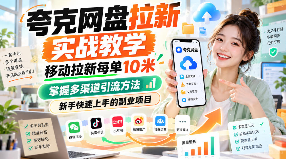 d6d1d2d39069c8e6e40f4e1ea9afe8ff.jpeg 夸克网盘拉新实战教学,移动拉新每单10米,掌握多渠道引流方法,新手快速上手的副业项目