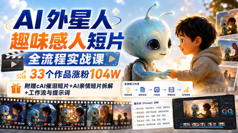 AI外星人趣味感人短片全流程实战课，33个作品涨粉104W，附赠AI催泪短片+AI亲情短片拆解+工作流与提示词-鼎铸网