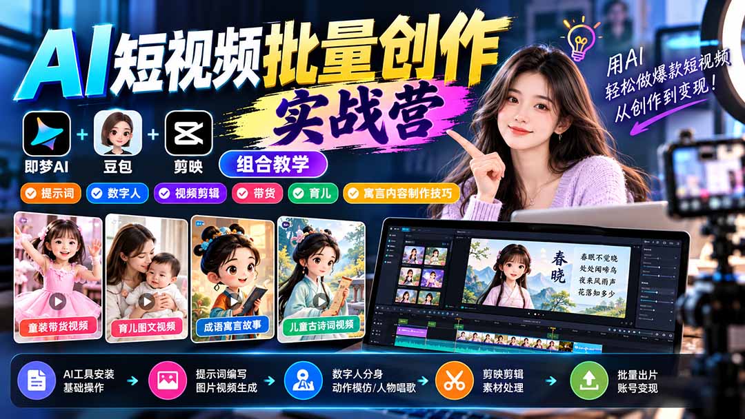 d7b64e1b043c04caff94d24934bcbee5.jpeg 【无水印】AI短视频批量创作实战营:即梦+豆包+剪映组合教学,提示词/数字人/视频剪辑/带货/育儿/寓言内容制作技巧