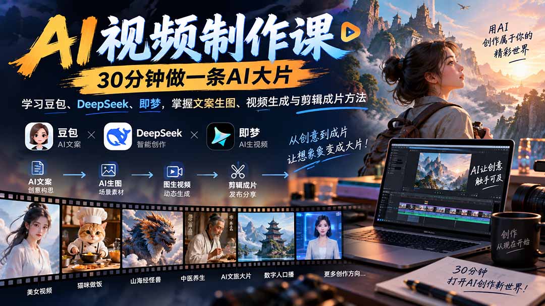 d7bb635347df4da105a3af5ed0075d8a.jpeg AI视频制作课-30分钟做一条AI大片:学习豆包、DeepSeek、即梦,掌握文案生图、视频生成与剪辑成片方法