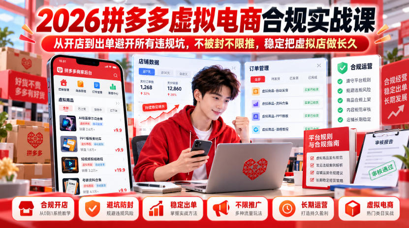 2026拼多多虚拟电商合规实战课，从开店到出单避开所有违规坑，不被封不限推，稳定把虚拟店做长久-鼎铸网