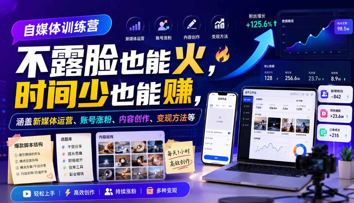 d89bf862dce281ca8344ef3e97691e84.jpeg 自媒体训练营,不露脸也能火,时间少也能賺,涵盖新媒体运营、账号涨粉、内容创作、变现方法等