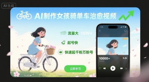 d8b44f6e2e6df93b0ec4a16a86c03b3b.jpeg AI制作女孩骑单车治愈视频,流量大,起号快,快速起千粉万粉号