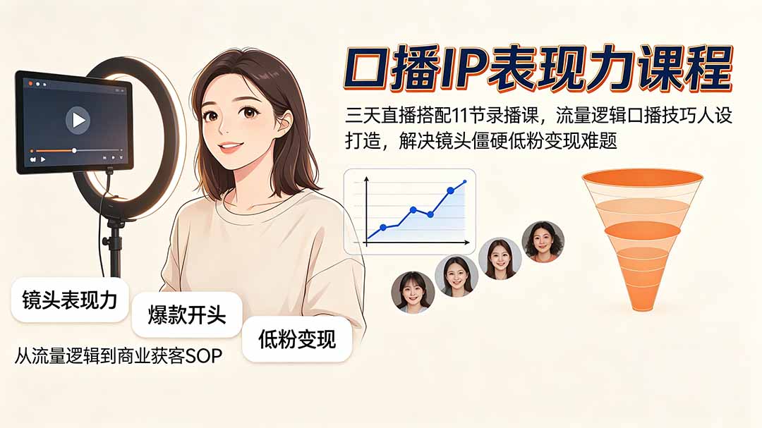 口播IP表现力课程|三天直播搭配11节录播课,流量逻辑口播技巧人设打造,解决镜头僵硬低粉变现难题-鼎铸网