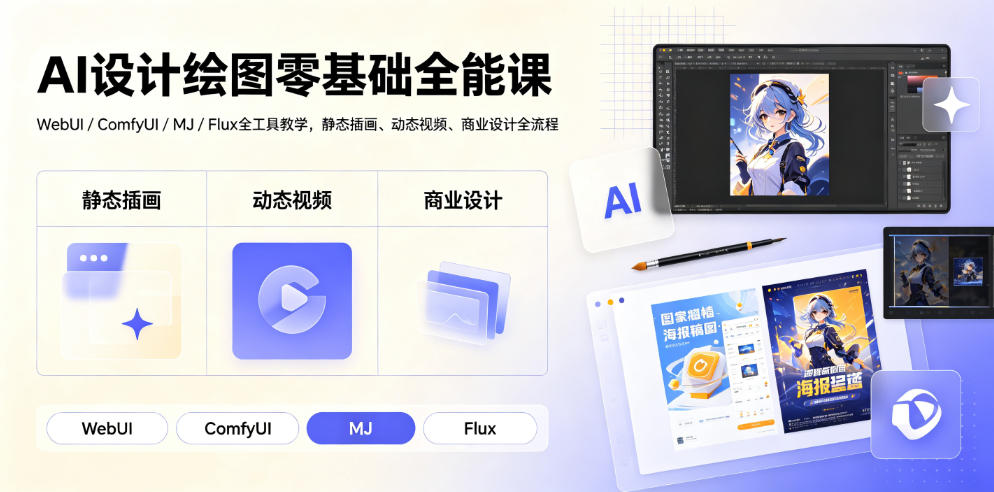da226c8445501d54b991ebbfdb738eb4.jpeg AI设计绘图零基础全能课|WebUI/ComfyUI/MJ/Flux全工具教学,静态插画、动态视频、商业设计全流程