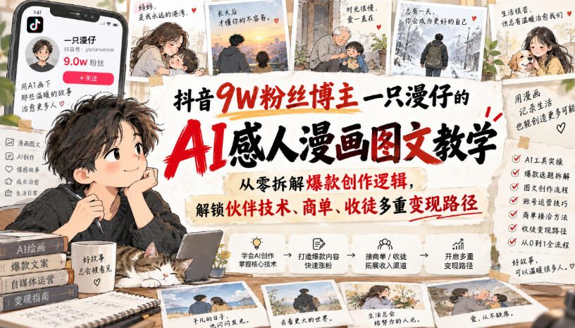 抖音9W粉丝博主一只漫仔的AI感人漫画图文教学，从零拆解爆款创作逻辑，解锁伙伴技术、商单、收徒多重变现路径-鼎铸网