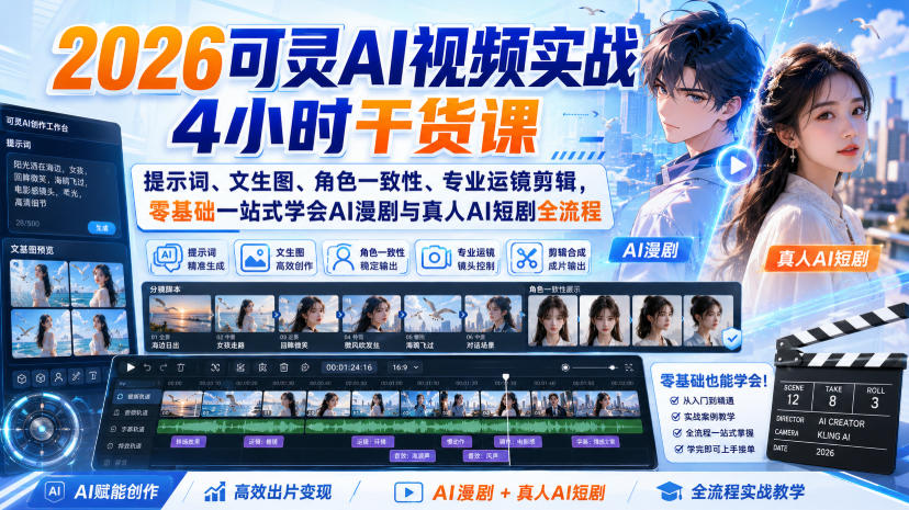 daa2a900fd5d8829786fc1a894c3c85a.jpeg 2026可灵AI视频实战4小时干货课|提示词、文生图、角色一致性、专业运镜剪辑,零基础一站式学会AI漫剧与真人AI短剧全流程