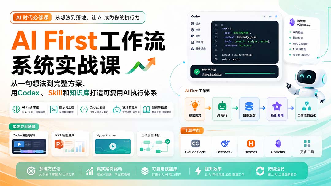 dac5015025f1d4ae739ccbd34e962e76.jpeg AI First工作流系统实战课:从一句想法到完整方案,用Codex、Skill和知识库打造可复用AI执行体系