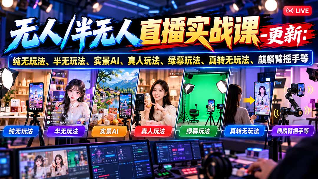 db261bcf187b7f9813e029d3a8f75e00.jpeg 无人/半无人直播实战课-10月20更新:纯无玩法、半无玩法、实景AI、真人玩法、绿幕玩法、真转无玩法、麒麟臂摇手等