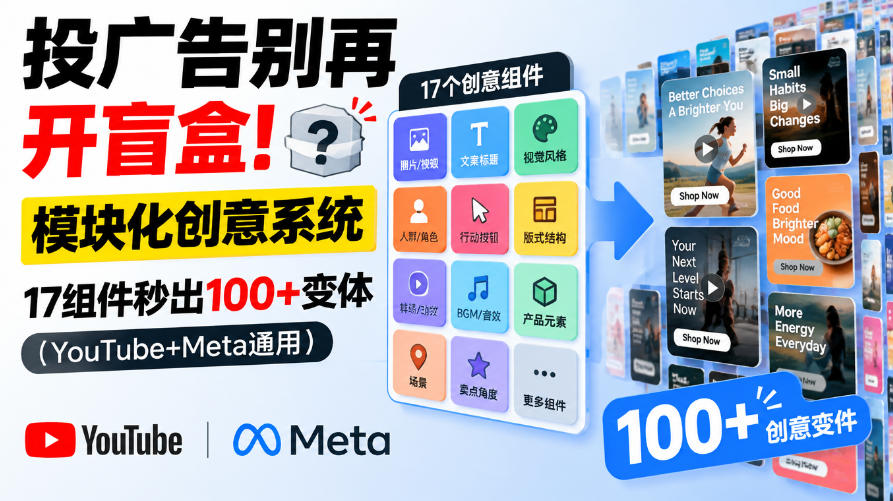投广告别再开盲盒!模块化创意系统,17组件秒出100+变体(YouTube+Meta通用)【原创双语字幕】-鼎铸网