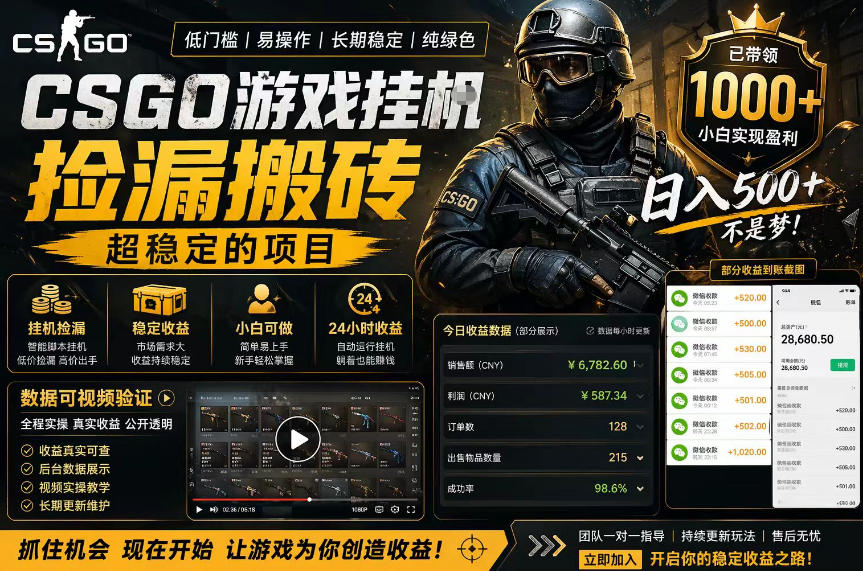 CSGO游戏搬砖,全自动挂G,不需要玩游戏,手机操作日入300+,解放双手【揭秘】-鼎铸网