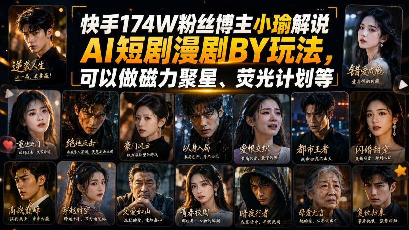 快手174W粉丝博主小瑜解说AI短剧漫剧搬运玩法，可以做磁力聚星、荧光计划等-鼎铸网