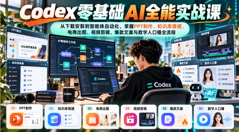 dca6ea570611f1536e12bf84d9c3e9a0.jpeg Codex零基础AI全能实战课:从下载安装到智能体自动化,掌握知识库搭建、电商出图、视频剪辑、爆款文案与数字人口播全流程