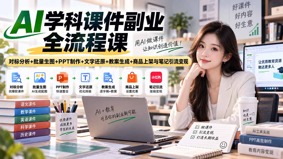 AI学科课件副业全流程课｜对标分析+批量生图+PPT制作+文字还原+教案生成+商品上架与笔记引流变现-鼎铸网