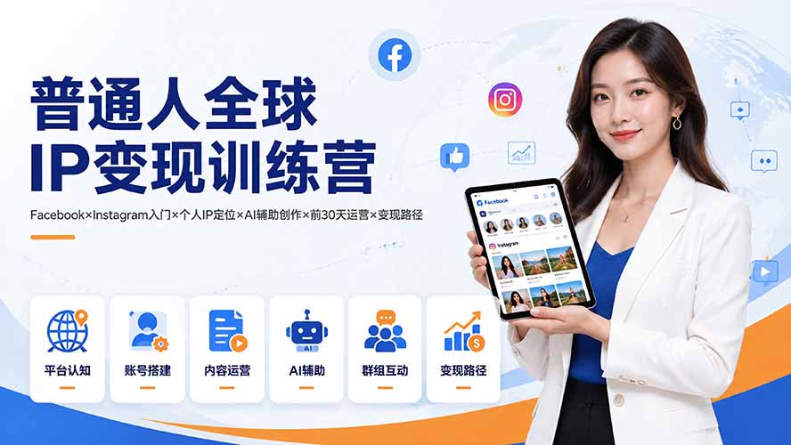 ddd4be5894c50fea9d36176b33165b7b.jpeg 普通人全球IP变现训练营:Facebook×Instagram入门×个人IP定位×AI辅助创作×前30天运营×变现路径