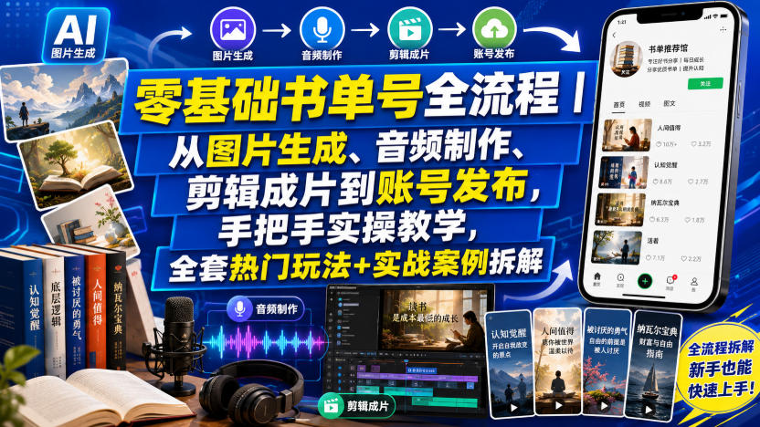 零基础书单号全流程|从图片生成、音频制作、剪辑成片到账号发布,手把手实操教学,全套热门玩法+实战案例拆解-鼎铸网