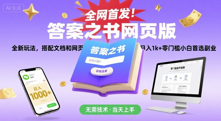 de9ca3fd30d9530ff83bdeeaadfe83a8.jpeg 全网首发!答案之书网页版,全新玩法,搭配文档和网页,日入1k+零门槛小白首选副业【揭秘】