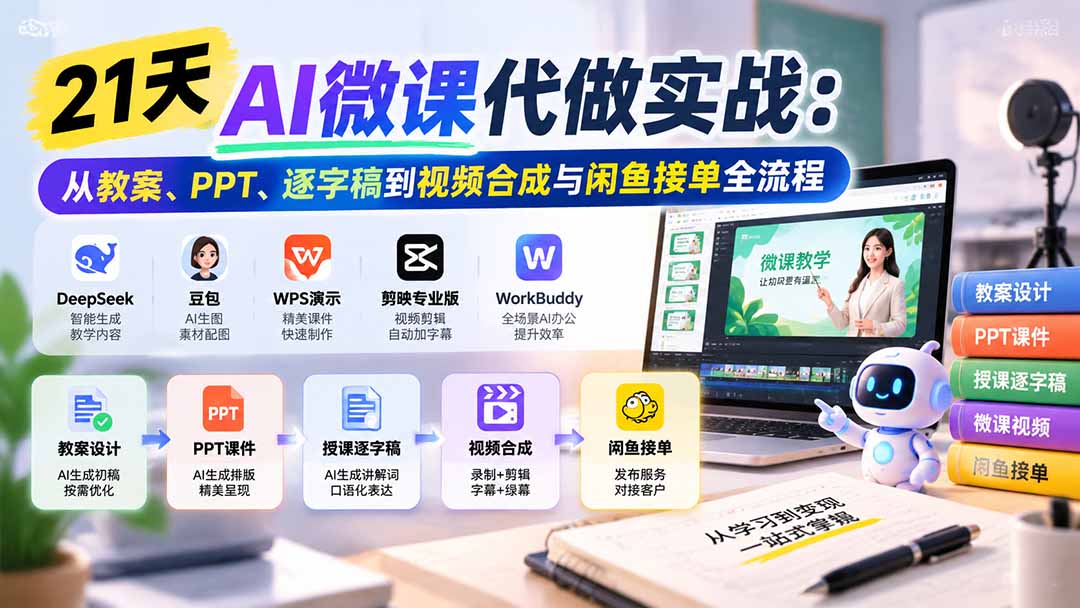 21天AI微课代做实战：从教案、PPT、逐字稿到视频合成与闲鱼接单全流程-鼎铸网