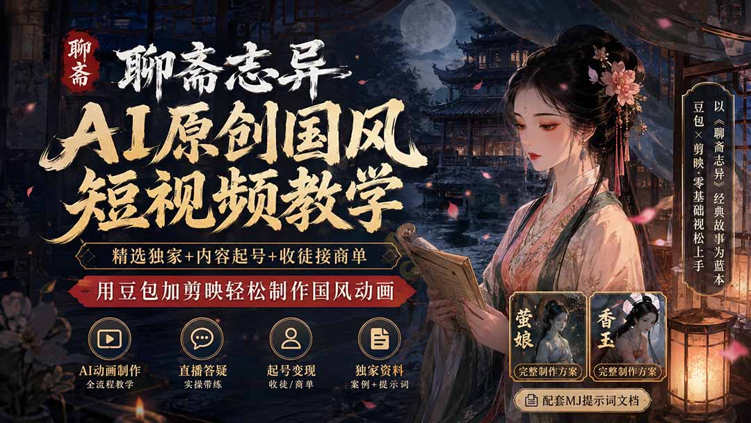 df890db5681dcaa60cffb8d3e8eee90b.jpeg 聊斋志异AI原创国风短视频教学;精选独家+内容起号+收徒接商单,用豆包加剪映轻松制作国风动画