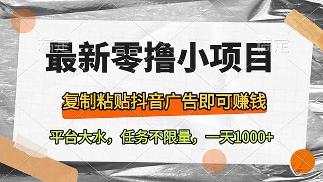 最新零撸小项目，复制粘贴抖音广告即可赚钱，平台大水，任务不限量，一…-鼎铸网