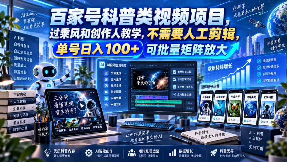 e15806eb5f4c5c600ea218f5e46a6ce0.jpeg 百家号科普类视频项目,过乘风和创作人教学,不需要人工剪辑,单号日入100+可批量矩阵放大