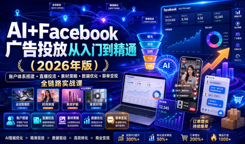 e172717278134d197b6f7dc5bd95fb6d.jpeg AI+Facebook广告投放从入门到精通(2026年版)|账户体系搭建・直播投流・素材策略・数据优化・聊单变现全链路实战课