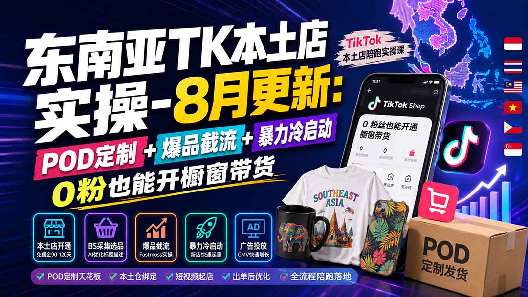 东南亚TK本土店实操-8月更新：POD定制+爆品截流+暴力冷启动，0粉也能开橱窗带货-鼎铸网