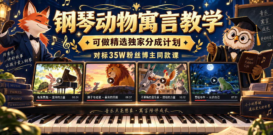e18fc9ddad5d1baec922055b9c7d4d77.jpeg 钢琴动物寓言教学,可做精选独家分成计划,对标35W粉丝博主同款课