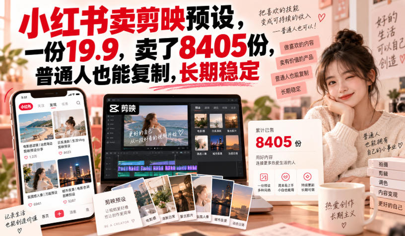 e1a6873bcef6a1ba2c01bfb93cbf9da6.jpeg 小红书卖剪映预设,一份19.9,卖了8405份,普通人也能复制,长期稳定