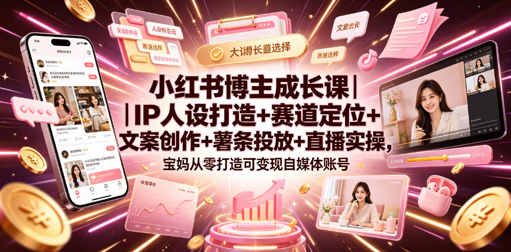 小红书博主成长课｜IP人设打造+赛道定位+文案创作+薯条投放+直播实操，宝妈从零打造可变现自媒体账号-鼎铸网